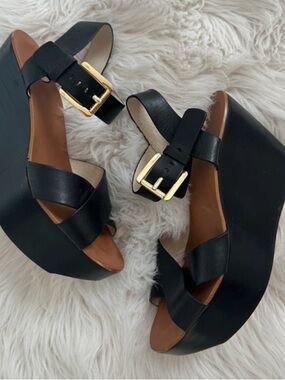 Black Platform Wedge Sandals with Gold Buckle